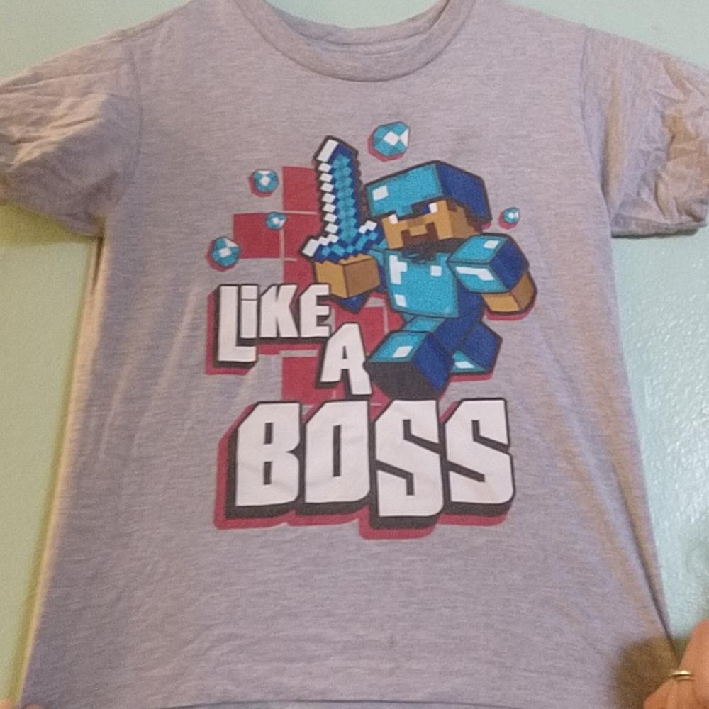 Minecraft Like A Boss Steve Blue Gray Boys Tshirt